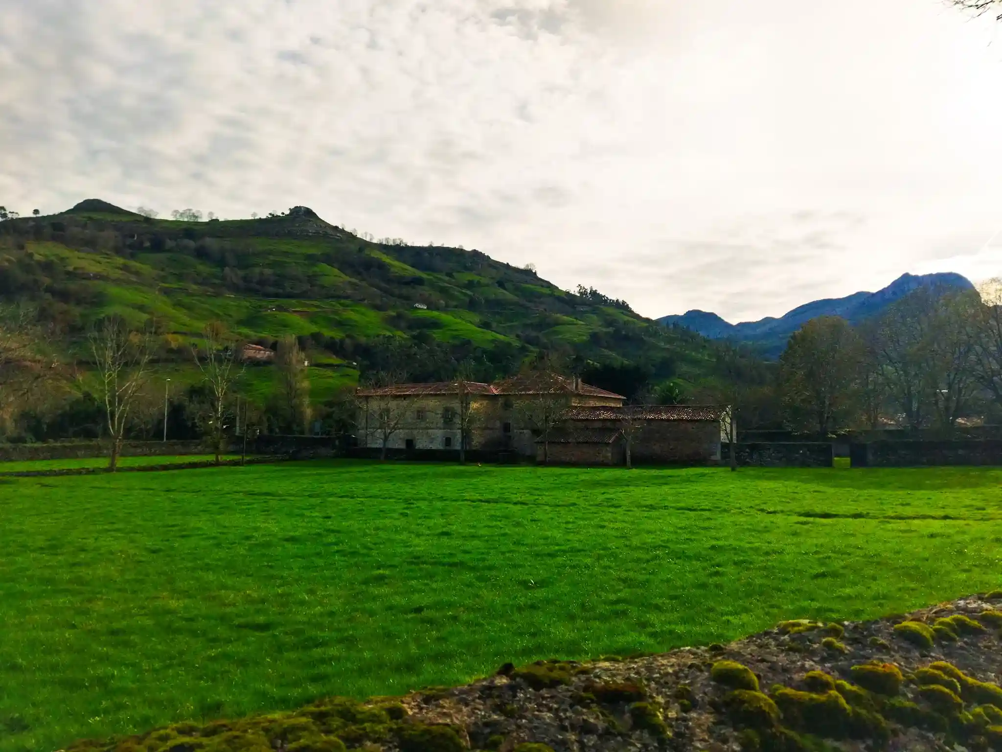 Palacio dentro de un gran prado verde con unas montañas al fondo