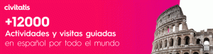 banner de color rosa con letras blancas y un edificio histórico de la época romana