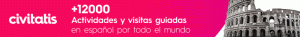 Banner de color rosa, letras blancas y un edificio de la época romana