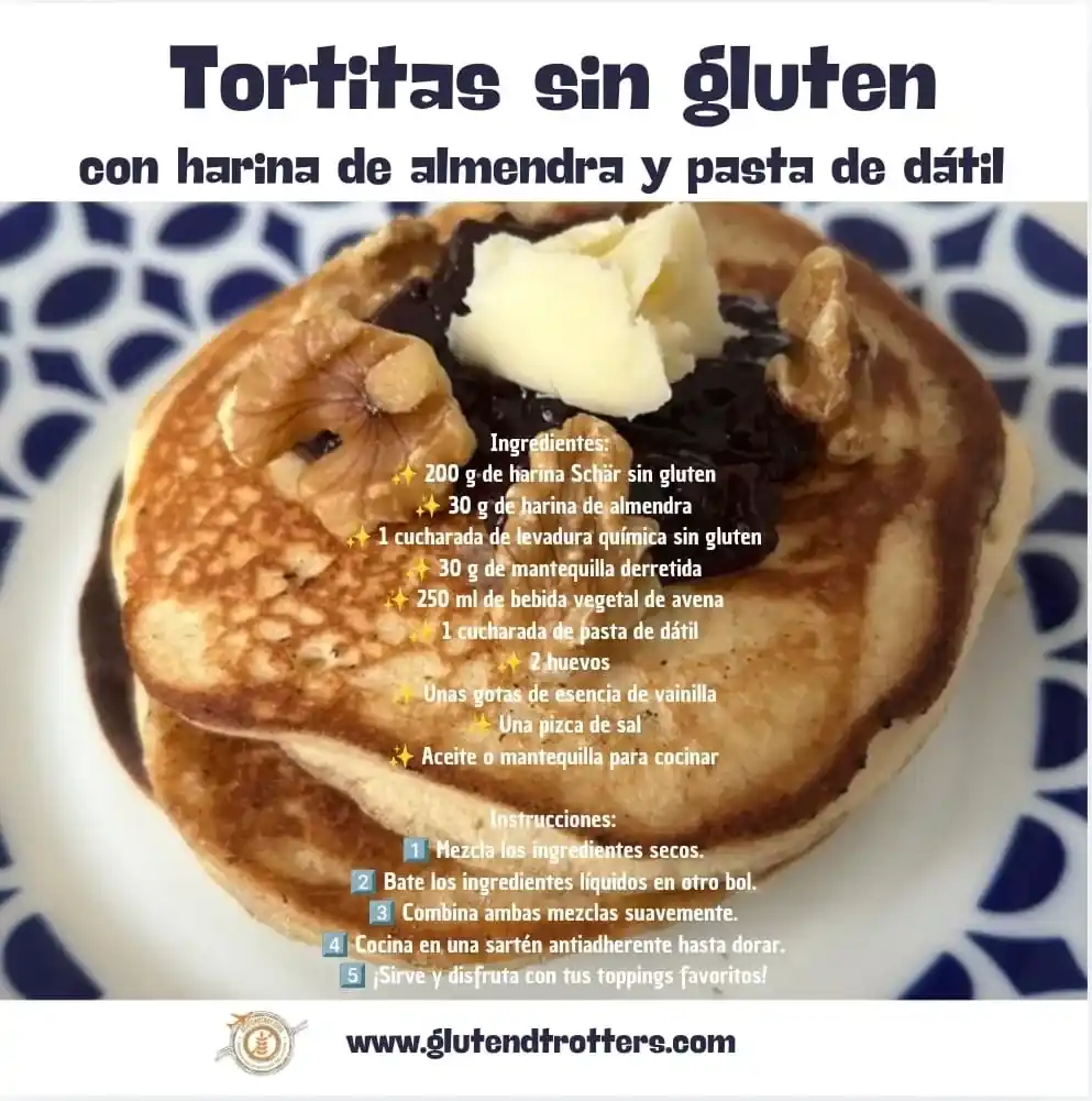 infografía tortitas sin gluten con harina de almendras y pasta de dátil