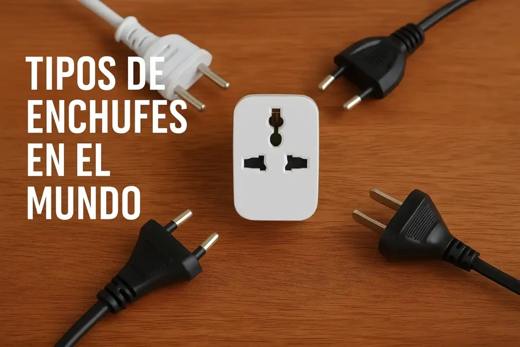 Un adaptador y cuatro clavijas de enchufes diferentes Tipos de enchufes en el mundo