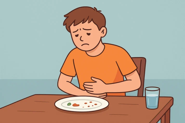 Illustration of a child with a stomach ache sitting in front of an almost empty plate
