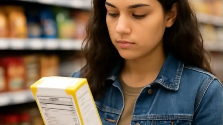 chica mirando un producto sin gluten en un supermercado