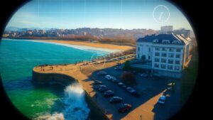 Paisaje costero con playa y edificio blanco visto a través de una lente con cuadrícula y viñeta circular