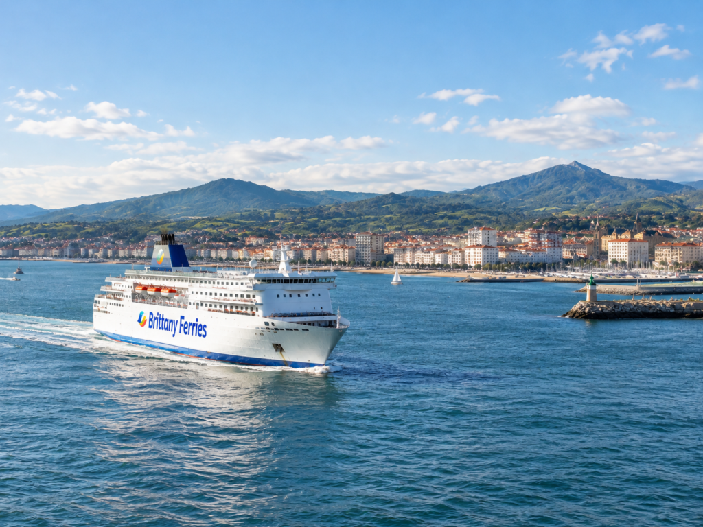 AI-generated illustration of a cruise ferry sailing past a mountainous coastline