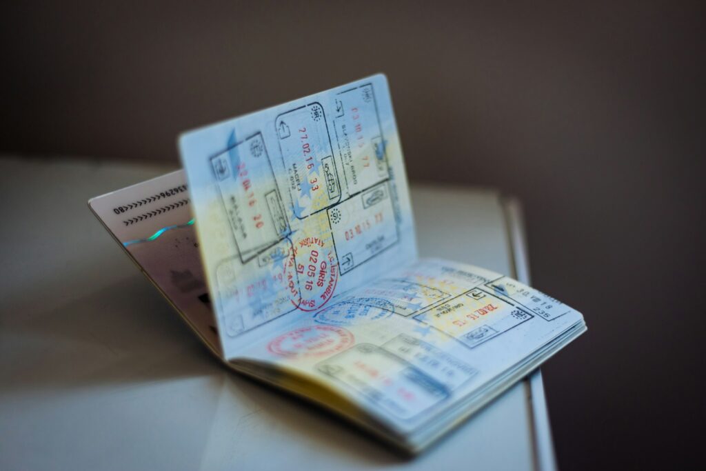 Passport with many travel stamps